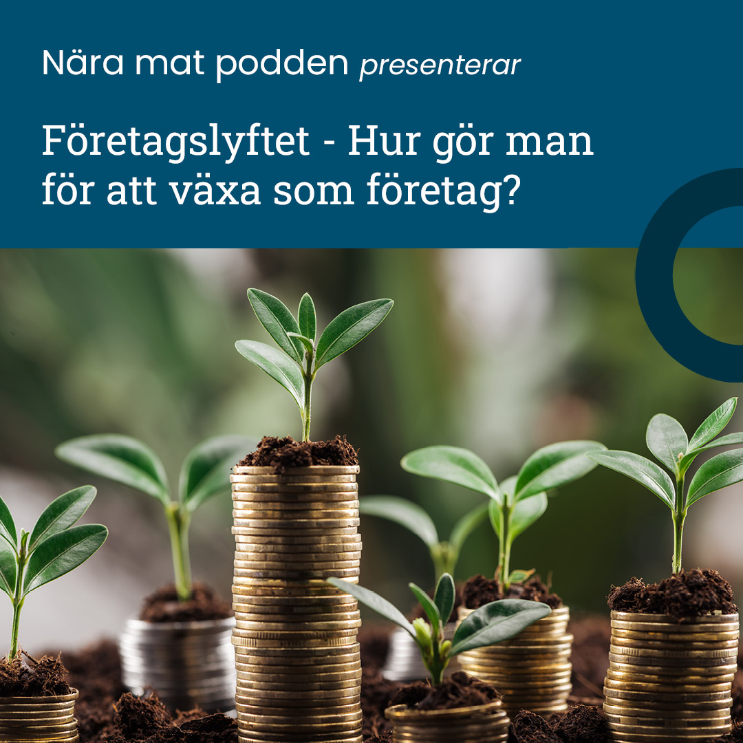 Nära mat podden presenterar Företagslyftet - Hur gör man för att växa som företag. Bild av mynthögar med jord och små plantor.