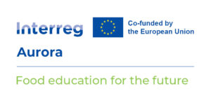 Logotyp Interreg Aurora. EU-flagga. Interreg Aurora Co founded by the European union. Food education for the future.