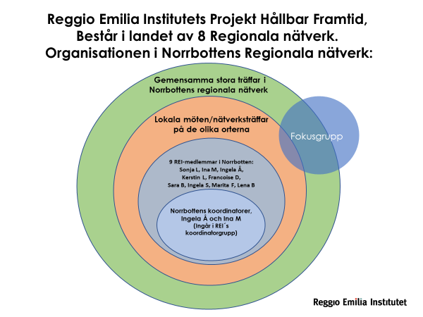 Diagram som visar organisationen i Norrbottens Regionala Nätverk: Gemensamma stora träffar i Norrbottens regionala nätverk, Lokala möten/nätverksträffar på de olika orterna, 9 REI-medlemmar i Norrbotten, Norrbottens koordinatorer. (Fokusgrupp)