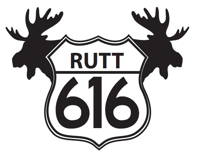 Logotyp för Rutt 616 bestående av namnet skrivet på en sköld och med två älgsiluetter bakom