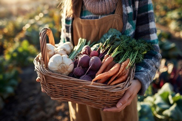 person som håller en flätad korg med skörd av vitlök, salladslök, rödbetor och morötter i famnen
